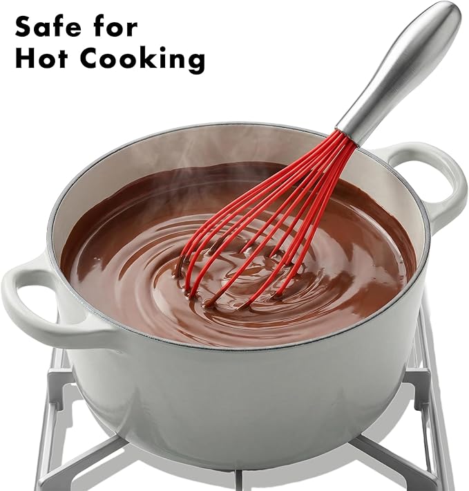 10-Inch Red Silicone Whisk, Heat Resistant 480°F Kitchen Whisk with Stainless Steel Ergonomic Handle, Non-Scratch for Nonstick Cookware, Dishwasher Safe, Perfect for Blending, Cooking & Beating