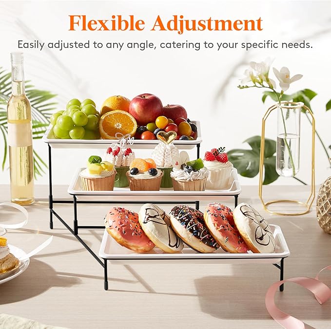 Lifewit 3 Tier Serving Tray, 30 x 17 cm/12 x 6.5 White Plastic Tiered Food Serving Platters, Tiered Tray Stand for Party with Black Collapsible Metal Stand, Dessert Display Stand for Cookies/Crackers