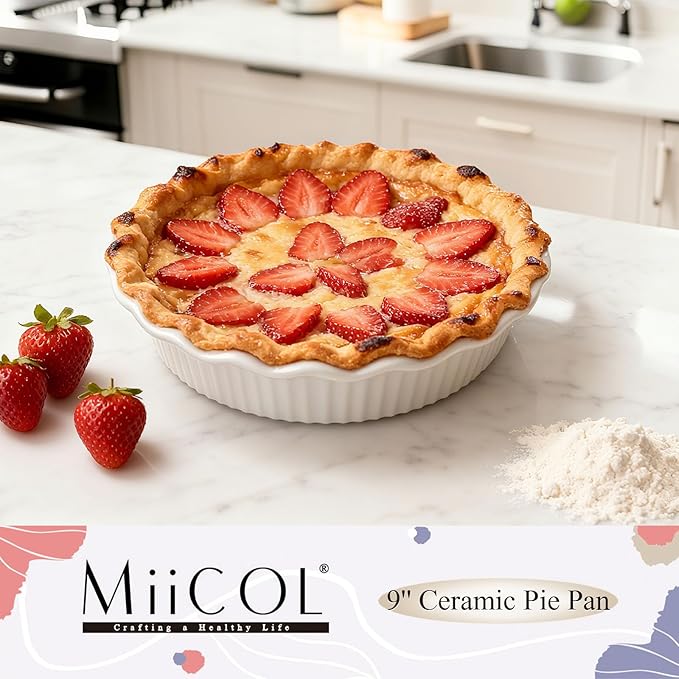 Miicol White Ceramic Pie Pan, 50 oz Ripple Edge Deep Baking Dish, 9 Inch Round Ceramic Pie Plate, Suitable for Quiche, Apple Pie, Meat Pie, Ideal Gift for Baking Lovers