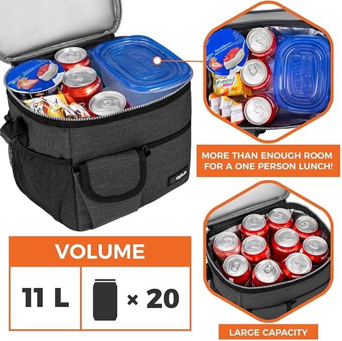 opux Insulated Lunch Bag for Men Women, Leakproof Charcoal Grey Lunch Box for Work, Portable Soft Lunch Cooler Bag with Shoulder Strap, Adult Lunchbox Lunch Pail for Kid Boy Girl School, 18 Can/10L