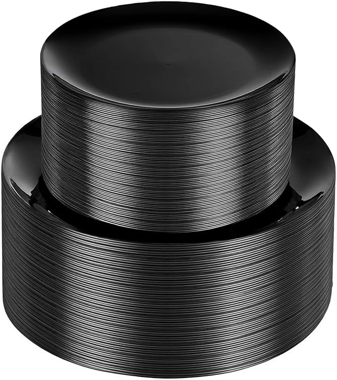 I00000 200 PCS Black Plastic Plates for 100 Guests Include: 10.25 inch 100 Pieces Dinner Plate and 7.5 inch 100 Pieces Dessert Plate, Premium Plastic Plates Perfect for Birthday, Wedding & Party