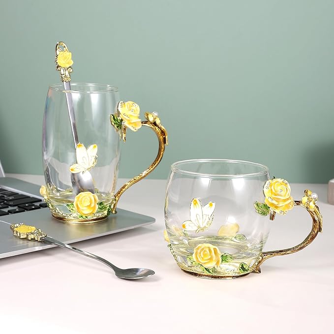 SUQ I OME Enamel Rose and Butterfly Flower Glass Tea Cup, Valentine Gifts For Women,Wife, Friend for Valentines Wedding, Women's day, Engagement, Yellow Rose,11 oz