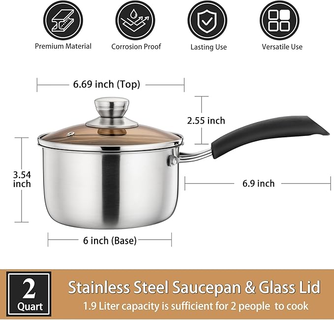 P&P CHEF 2 Quart Saucepan Small Pot, Stainless Steel Saucepan with Lid, Small Sauce Pan for Home Kitchen Restaurant Cooking, Visible Glass lid & Bakelite Heat-Proof Handles,Dishwasher Safe, 1 Pc