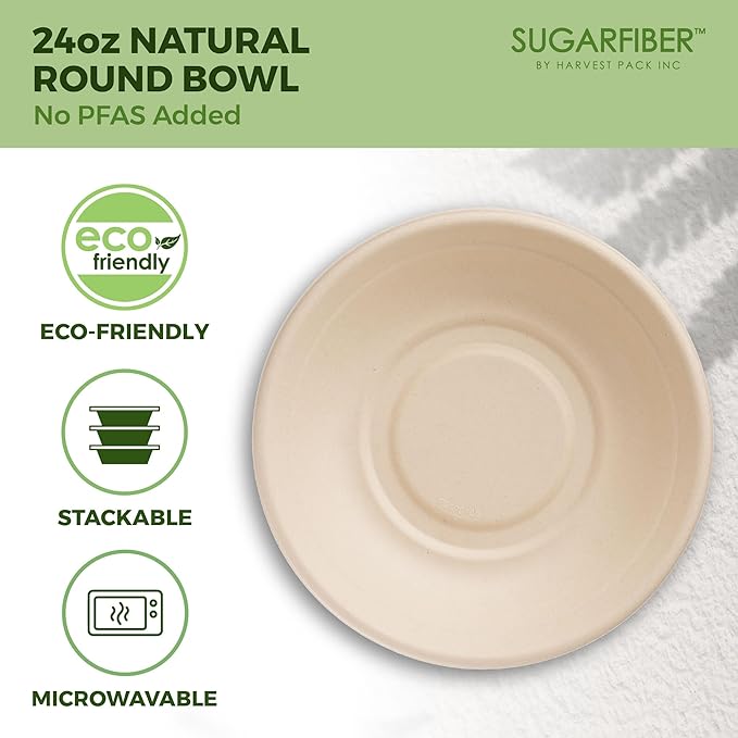 [500 COUNT]Harvest Pack PFAS FREE 24oz Compostable Bowls, Round Soup Paper Bowls Heavy-Duty Eco-Friendly Disposable Bagasse Bowl, sugarcane made plant fibers for Meal Prep
