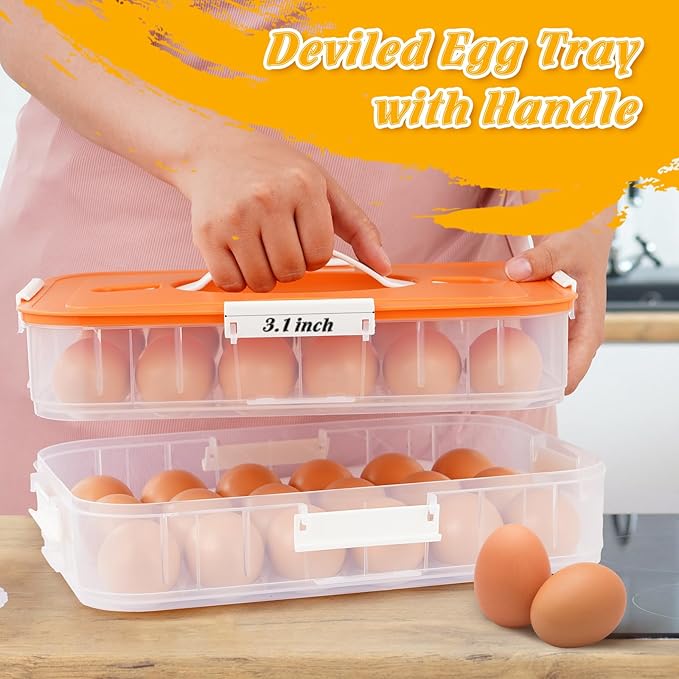 2-Layer Deviled Egg Container With Lid, 36 Slots Egg Tray Carrier With Handle and Injector Piping Tool, Portable Storage Platter for Party Picnic Travel (Orange)