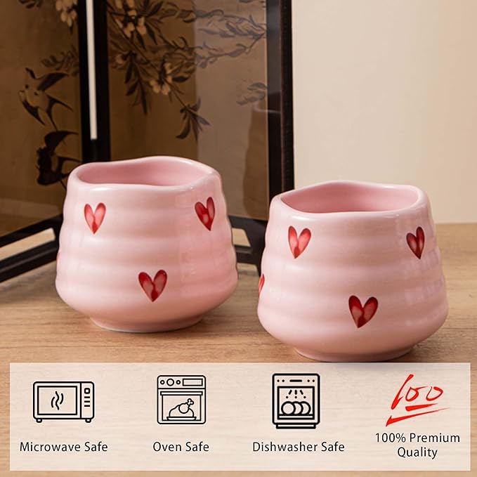 4pcs Japanese Tea Cup Set – 160ml 5.4OZ Ceramic Matcha Cup, Small Handless Espresso Cups, Cute Coffee Mugs for Girls (Pink Love)