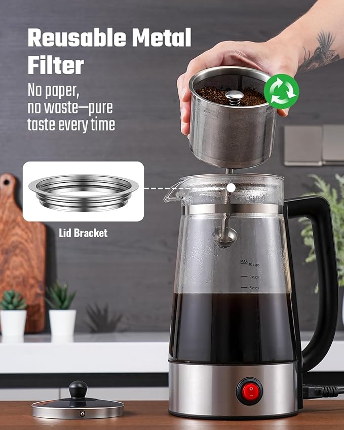 Percolator Coffee Pot Electric Coffee Maker, 10-Cup Coffee Percolator with Auto Keep Warm, Stainless Steel Basket, Borosilicate Glass, Cool-Touch Handle