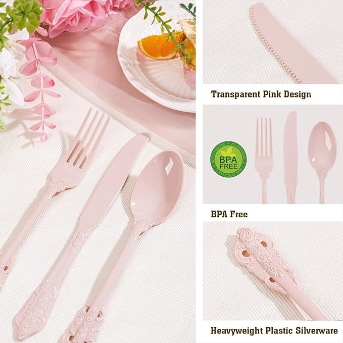 WDF 120 Pieces Heavy Duty Pink Plastic Cutlery Set - Disposable Utensils - Disposable Flatware Includes 40 Forks, 40 Spoons, 40 Knives for Party Baby Shower Wedding Spring Easter