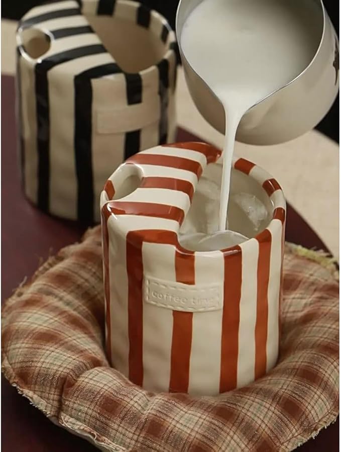 Ceramic Coffee 10oz Mug Hand-Painted Espresso Cup，Retro Ceramic Travel Mug for Kitchen, Dining-Green，Microwave Safe (Brown stripes)
