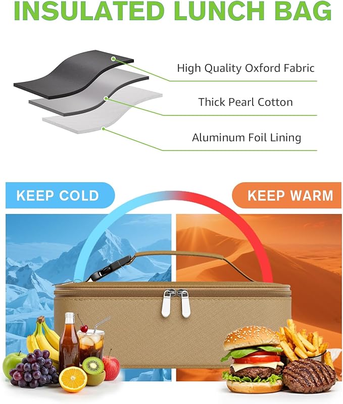 Small Lunch Box Insulated Lunch Bag for Women Men, Bento Kids Lunch Box, Compact Portable Thermal Meal Cooler Bags with Buckle Handle for Work & School, Khaki 5L