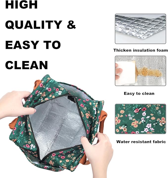 Joymee Lunch Bag Women Insulated Lunch Box Reusable Leakproof Large Spacious Cooler Tote for Women Men Adult with Bottle Holder and Side Pockets for Work Office Travel Picnic -Green Floral