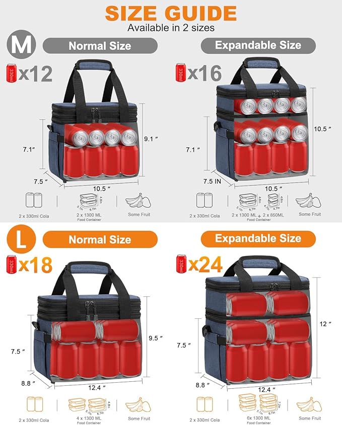 Lunch Box For Men Women Double Deck Insulated Lunch Bag For Men Woman Leakproof Expandable Cooler Bag with Adjustable Shoulder Strap for Kids Shool Work Picnic Camping(Blue,Large)