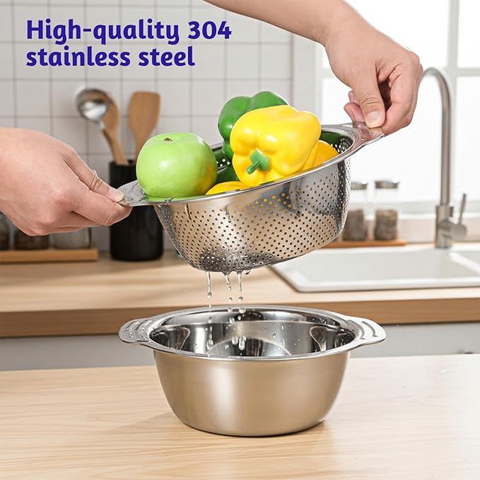 304 Stainless Steel Microporous Colander with Handle, 2QT Rice Washer Strainer with Mixing Bowl, Stainless Steel Colander for Kitchen, Microporous Strainer Set for Washing Vegetables Fruits Rice