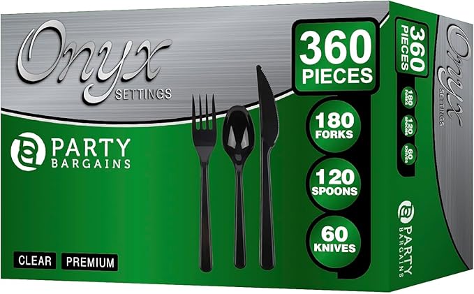 PARTY BARGAINS Onyx Settings Black Plastic Cutlery Set 360‑Piece – 180 Forks, 120 Spoons, 60 Knives – Heavy‑Duty Disposable Utensils for Parties, Weddings, Buffets, BBQs & Catering – BPA Free