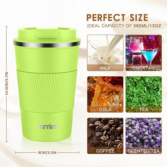 KETIEE Coffee Mug 12oz, Insulated Travel Mug with Leakproof Lid, Double Wall Vacuum Travel Coffee Mug Stainless Steel Reusable Coffee Cup for Hot and Iced Coffee Tea Water (Green)