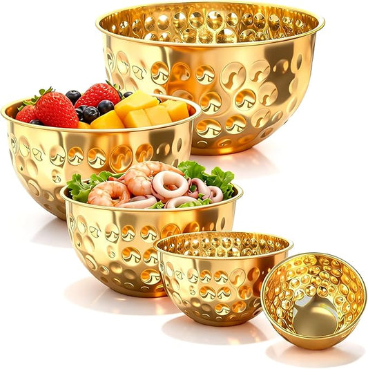 Stainless Steel Mixing Bowls Set, 5PCS Gold Hammered Bowls, 4.9/4.2/3.2/2.1/1.6QT Mixing Bowls for Kitchen, Nesting Design Serving Bowls