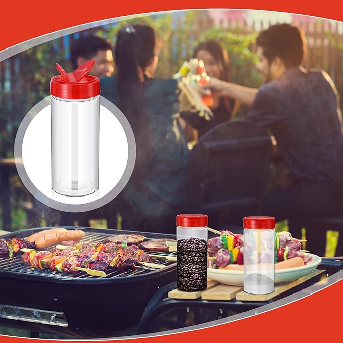 Zhehao 24 Pieces Plastic Spice Containers Plastic Spice Bottles Clear Reusable Large Empty Seasoning Jars with Shaker Lids for Kitchen Storage Seasoning Powder Herbs(16 oz,Cylinder,Clear and Red)