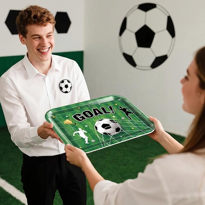 Vesici 4 Pack Soccer Melamine Serving Trays, 13 x 10 in Rectangular Serving Platters with Goal Field & Ball Pattern, Reusable Snack Appetizer Dessert Trays for Game Day Parties, Easy Clean