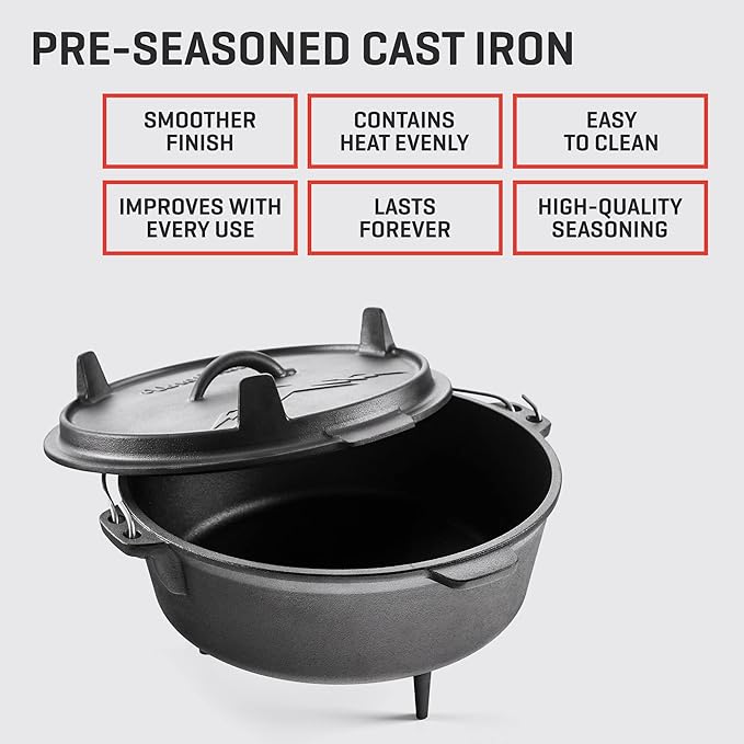 Uno Casa 6Qt Cast Iron Camping Dutch Oven with Lid Lifter and Storage Bag - Pre-Seasoned Outdoor Dutch Oven for Campfire Cooking, Stews, and Baking - Durable Cast Iron Pot for Camping and Hiking