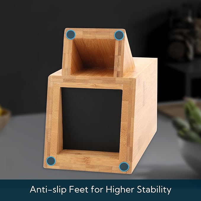 Bamboo Universal Knife Block with Bristles Bamboo Knife Stand Organizer Holder, Convenient Safe Storage for Knives & Utensils, Detachable Bristles for Easy Cleaning -by KITCHENDAO