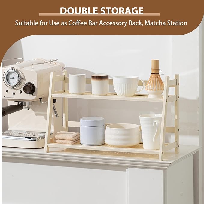 1 Pcs 2 Tier Matcha Station Shelf Bamboo Coffee Mug Stand Countertop Storage Rack, Double Layer Rattan Office Cup, Kitchen, Tea, Plant, Bar Accessories Condiment Display (White,17.7 Inch)