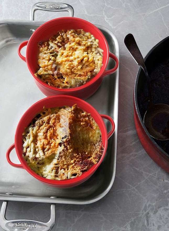 LE TAUCI Soup Bowls with Handles - 28 oz Lead-Free Ceramic French Onion Crocks, Oven and Microwave Safe, Heat-Resistant Design, Stackable, Dishwasher Safe, Set of 4, Red