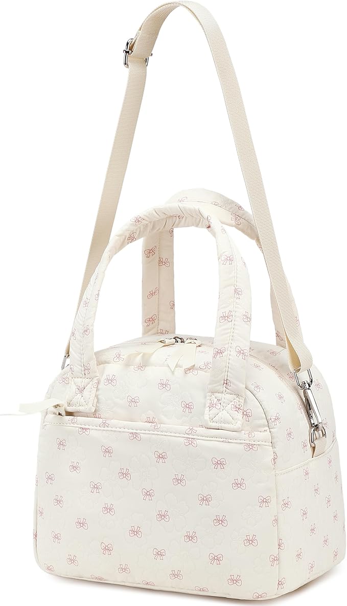 LEDAOU Lunch Box for Women Lunch Bag Insulated Lunch Box with Adjustable Strap Reusable LunchBox for Work School Picnic Travel (Bow-Flower)