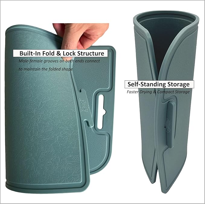 Korean Made Thick Silicone Double-Sided Usable Cutting Board 14.3" x 9.7" Foldable Design Drip Groove Grip Handle Dishwasher Safe 1PCS Gift for Mom (Mint) Stocking Stuffer