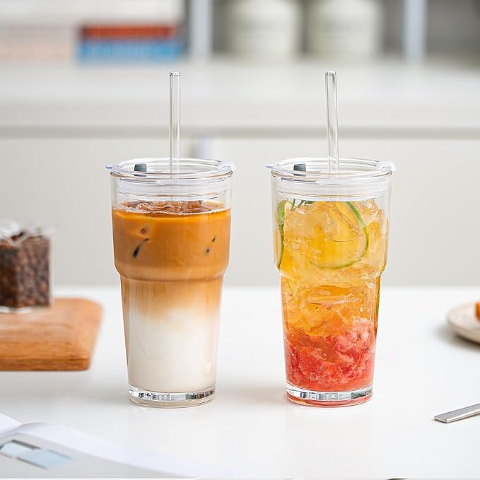 20oz Glass Tumbler with Lid and Glass Straw –Set of 4, Clear Reusable Iced Coffee Cup, Drinking Glass for Coffee, Tea, Juice, Smoothies – Durable & Elegant Glassware