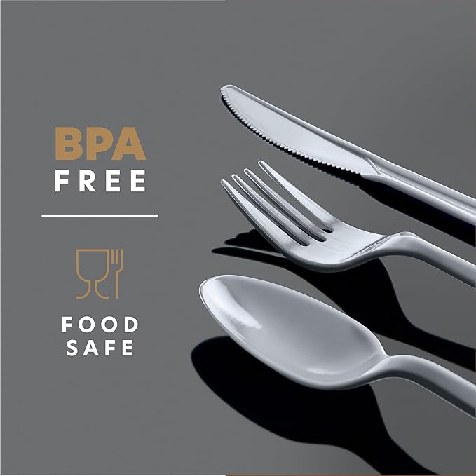 PLASTICPRO 400 Pack Disposable Plastic Utensils Assorted Colored Cutlery Combo Set Forks Spoons Knives Silverware, Silver Plastic Cutlery for Parties