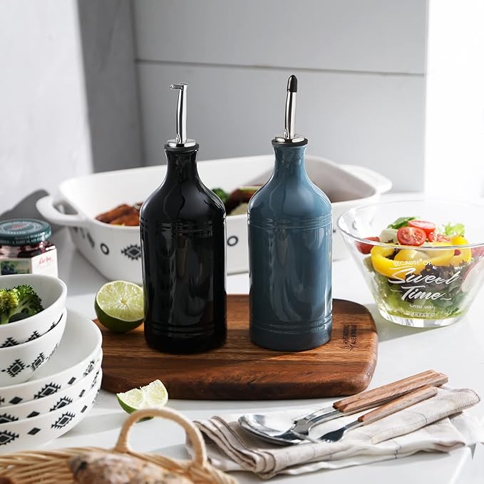 Sweejar Ceramic Olive Oil Dispenser Bottle, Opaque Oil Cruet Protects to Reduce Oxidation, Suitable for Storage Vinegar, Coffee Syrups & Other Liquids, Pack of 1, 15.5 Fl Oz (Fog Blue)