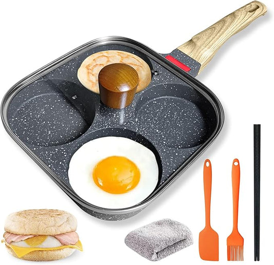 4‑Cup Nonstick Egg Pan Set with Lid – Aluminum Omelette Skillet for Breakfast, Includes Silicone Scraper, Oil Brush, Chopsticks & Cleaning Cloth – Compatible with Gas & Induction Cooktops (Black)
