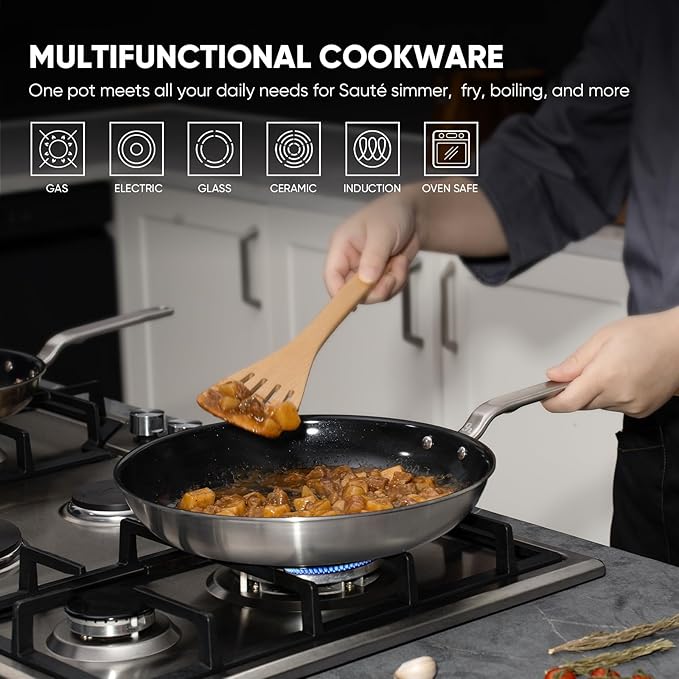 5 Ply Ceramic Non Stick Frying Pans - 8 Inch Stainless Clad Nonstick Skillet, Professional Cookware for Induction, All Stoves and Oven