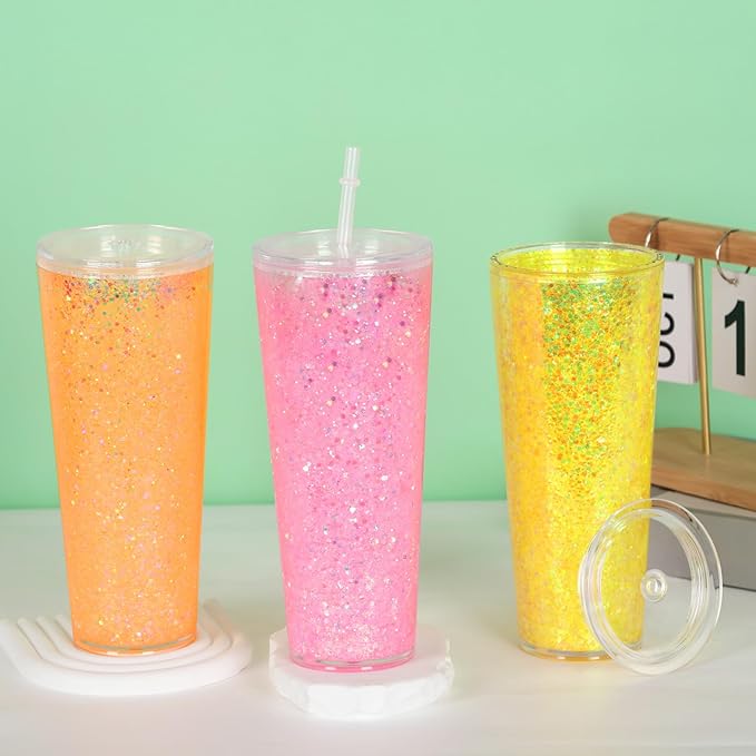 8 Pack 24Oz Snow Globe Tumblers, Double Wall Acrylic Snowglobe Cup with Pre Drilled Hole, Lids, Straws and Plug, Reusable Clear Plastic Tumbler for Snow Globe Glitter DIY
