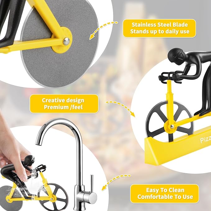 Bike Pizza Cutter,Bicycle Pizza Slicer,Stainless Steel Pizza Cutter Wheels with Stand,Unique Kitchen Gadget,Gifts for Cyclists Men,Cool Men’s Gift