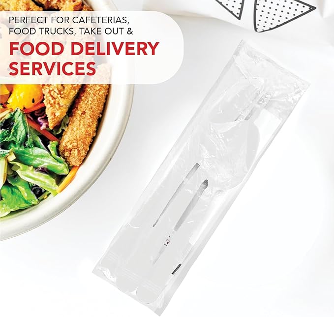 Party Essentials Individually Wrapped Plastic Cutlery Packets/Heavy Duty Silverware Kits, Fork/Spoon/Knife/Napkin/Salt/Pepper, 50 Utensils Sets, White