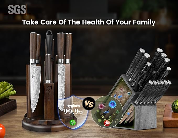 Kitchen Knife Set with Magnetic Block and Sharpener 14 Piece Knife Set 360° Rotatable Holder Ultra Sharp High Carbon Stainless Steel Knives Sets with Steak Knives, Ideal Gift