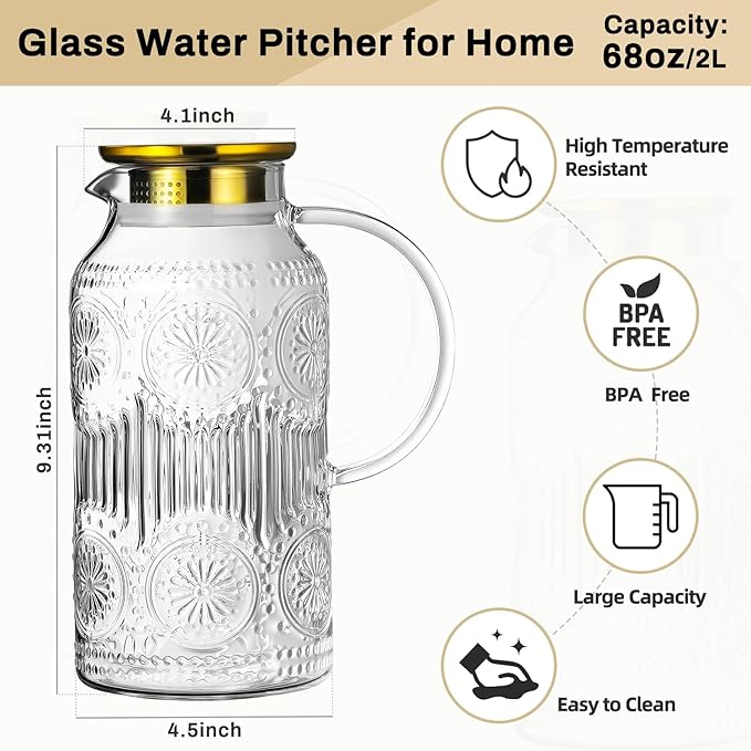 Glass Pitcher with Lid and Handle, 2 PACK 68 oz/2 Liter Vintage Embossed Sun Flower Water Pitcher, Clear Borosilicate Glass Water Carafe for Cold Brew, Iced Sun Tea,Beverage, Heat Resistant