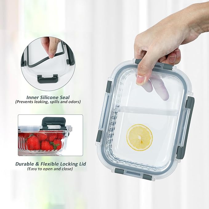 KOMUEE 10 Packs 22 oz Glass Meal Prep Containers with Lids, Airtight Glass Lunch Containers, BPA Free, Microwave, Oven, Freezer and Dishwasher Friendly, Gray