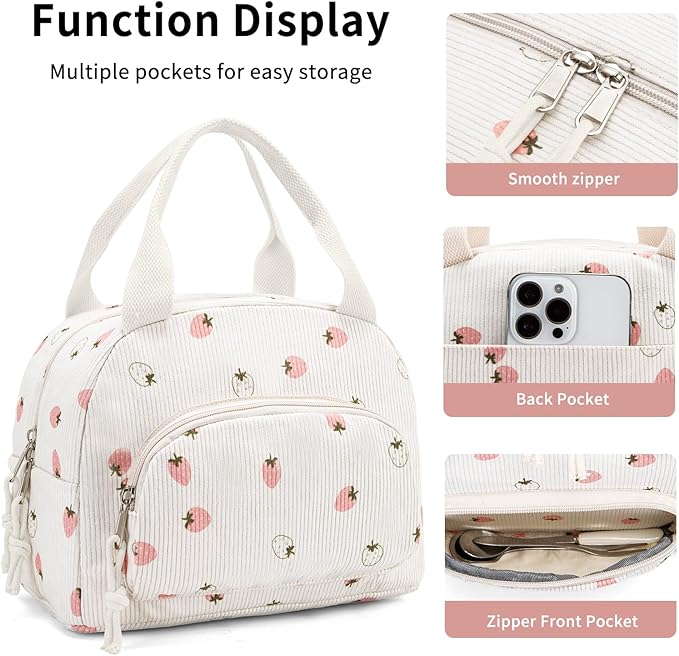 Lunch Bag Women Lunch Box for Women Adult Cute Insulated Lunch Bag Small Cooler Lunch Tote Bags for Work Picnic Travel (Beige-Light Strawberry)