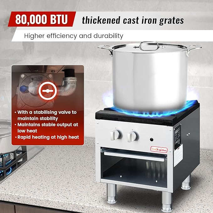 Commercial Gas Stove with Cabinet, 80,000 BTU Single Burner Stove Range, 18" Countertop Cooking Stockpot Range for Restaurant, kitchens & school, Stainless Steel Gas Hot Plate