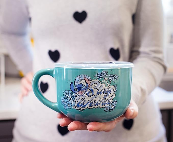 Silver Buffalo Lilo and Stitch Stay Weird Ceramic Soup Mug with Vented Plastic Lid, 24 Ounces