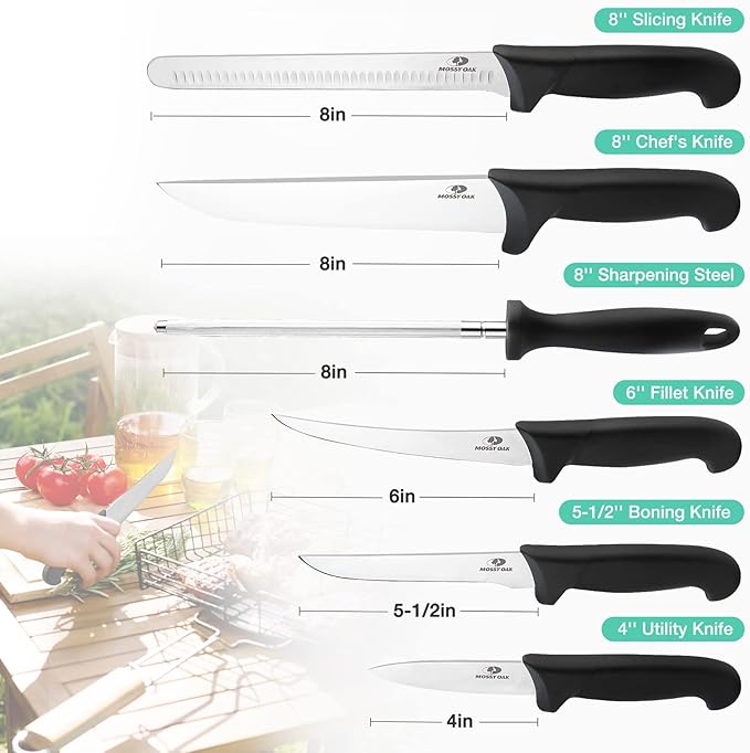 Mossy Oak Kitchen Knife Set, 6 PCS Chef Knives with Roll Bag, Sharp Stainless Steel Camping Knife for Cutting Meat, Fruits & Vegetables, Practical Gifts Knife Set for Women Men Cooking Lovers
