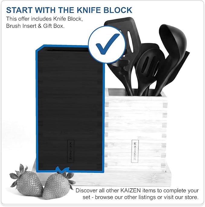 KAIZEN Bamboo Knife Block Without Knives - Perfectly Sized Universal Knife Holder for Knives, Scissors - Unique Knife Storage for Counter Top with Anti-Slip Base (Black)