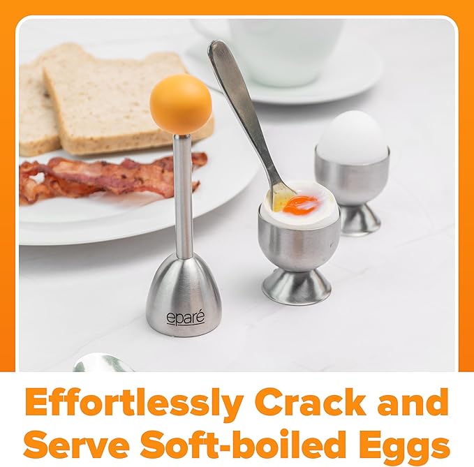 Eparé Egg Cups for Soft Boiled Eggs with Spoons & Egg Timer - Stainless Steel Egg Topper - Durable Egg Opener Topper Cutter - Giftable Egg Cracker Tool for English Breakfast