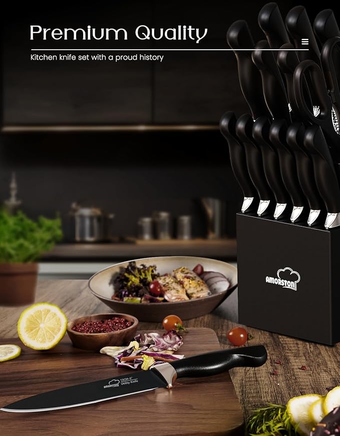 Amorston Knife Set, 15 Pieces Kitchen Knives Set with Block and Built in Sharpener, Dishwasher Safe Knife Block Set, German Stainless Steel Knife Block Set for Home Kitchen Gifts, Black