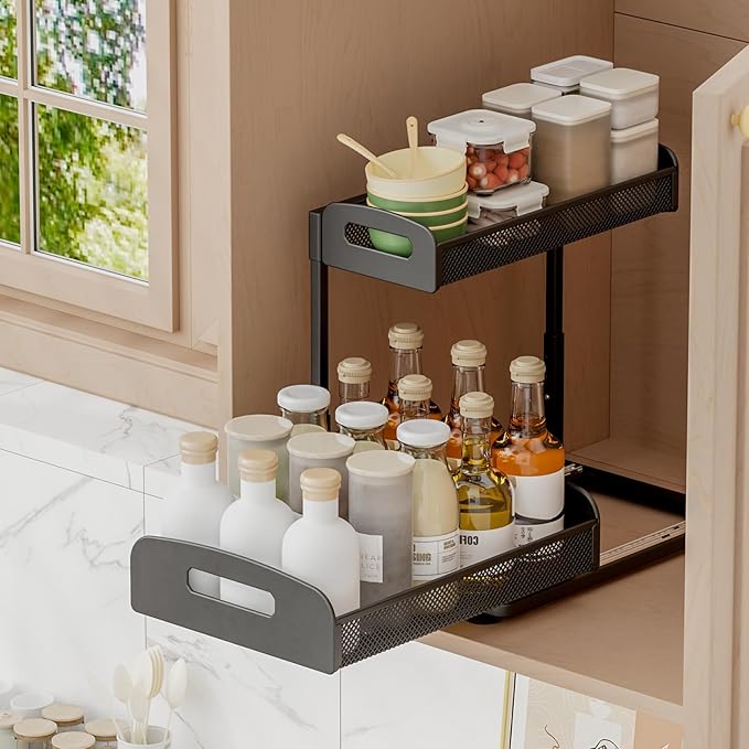 YASONIC 2 Pack Under Sink Organizer, 2 Tier Height Adjustable Kitchen Cabinet Organizer, Pull Out Metal Cabinet Shelf Organizer, Under the Sink Organizers and Storage for Kitchen & Bathroom, Black
