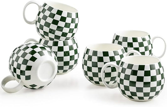 LAUCHUH 18oz Coffee Mugs, Large Coffee Cups Ceramic Checkered Cappuccino Cups with Handle Mug Set of 6 for Mother's Day, Tea, Cocoa, Milk, Green and White