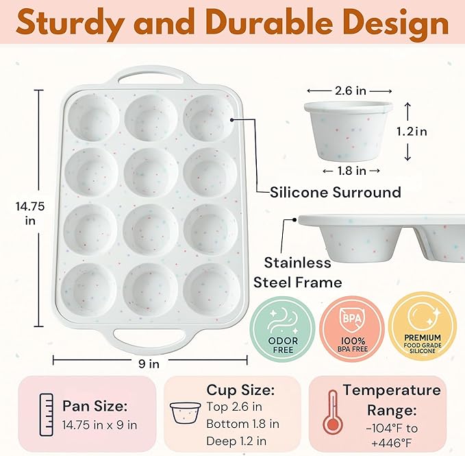 2-Pack Silicone Muffin Pan Set – Regular 12 Cup & Mini 24-Cup Silicone Muffin Pans for Baking – Nonstick Silicone Cupcake Pan with Metal-Reinforced Handles – BPA-Free, Dishwasher-Safe, Cream