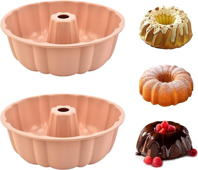 2 Pack Silicone Cake Pan Nonstick,10 Inch, Silicone Cake Molds,Pound Cake Pan, Baking Cake Pan for Jello,Gelatin,Cake,Brownie and Bread（Pink+Pink）